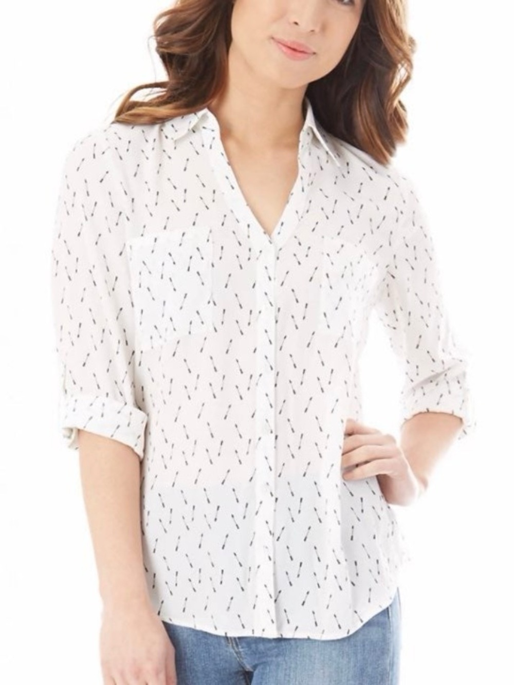 iZ Byer Button Down Arrow Roll Tab Blouse Women’s Size XS White & Black